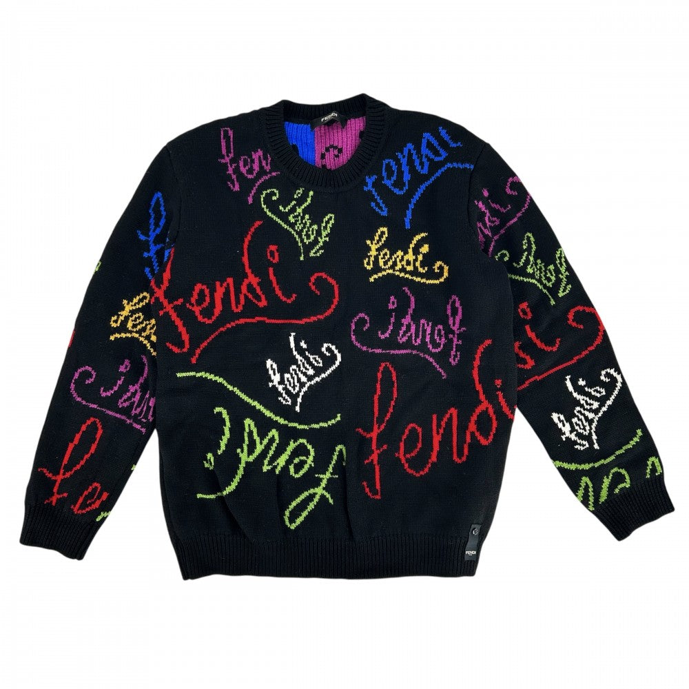 【開店SALE】 FENDI フェンディ ニット ARTIST ロゴ セーター 長袖 服 トップス アパレル 52 FZY463 ブラック 黒 マルチカラー 秋 冬 ウール メンズ【中古品】