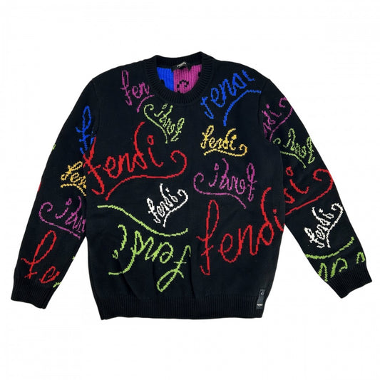 【開店SALE】 FENDI フェンディ ニット ARTIST ロゴ セーター 長袖 服 トップス アパレル 52 FZY463 ブラック 黒 マルチカラー 秋 冬 ウール メンズ【中古品】