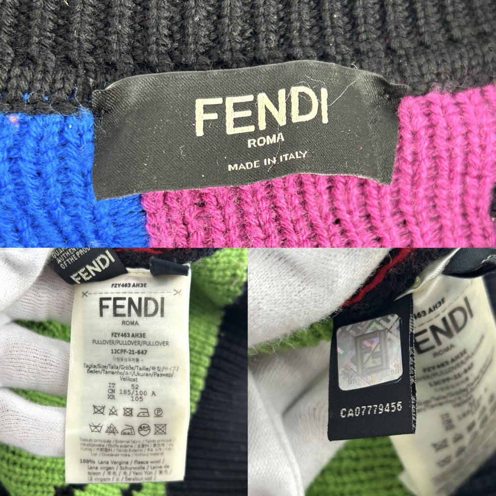 【開店SALE】 FENDI フェンディ ニット ARTIST ロゴ セーター 長袖 服 トップス アパレル 52 FZY463 ブラック 黒 マルチカラー 秋 冬 ウール メンズ【中古品】