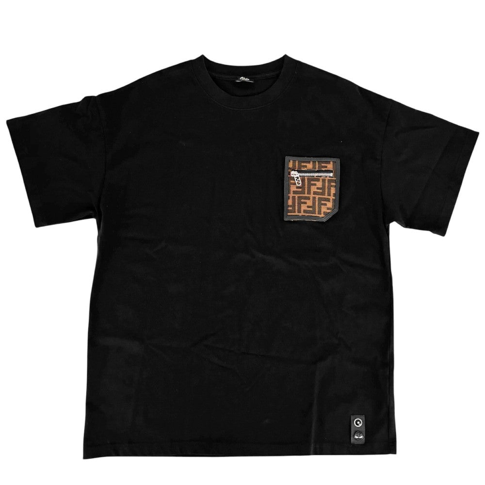 【開店SALE】 FENDI フェンディ 半袖Ｔシャツ ズッカ トップス アパレル ロゴポケット クルーネック 服 カットソー M FAF682 ブラック 黒 シルバー金具 春 夏 コットン レディース【中古品】