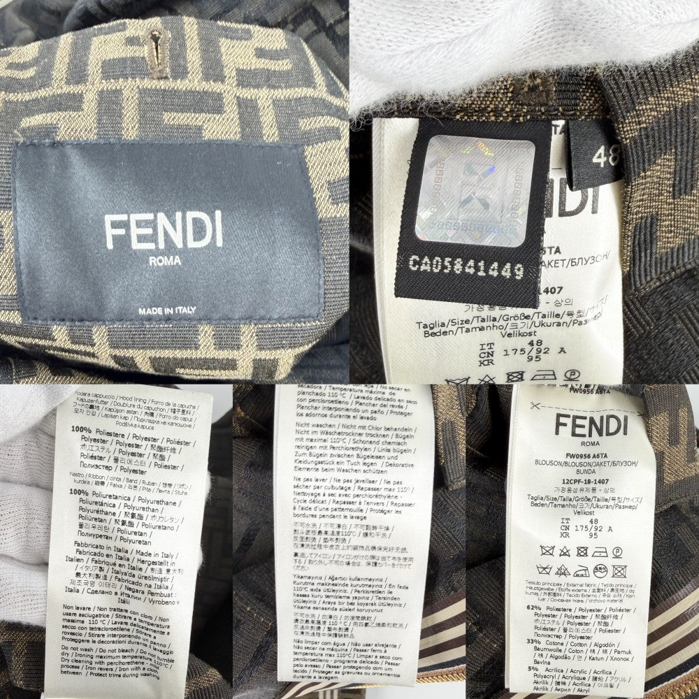 【開店SALE】 FENDI フェンディ アウター ズッカ ジャケット アパレル ロゴ 服 マウンテンパーカー 48 ブラウン 茶 ゴールド金具 ポリエステル コットン アクリル メンズ【中古品】