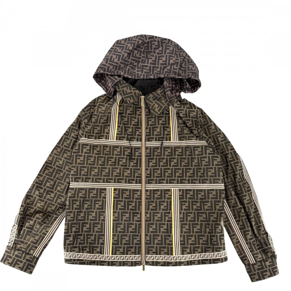 【開店SALE】 FENDI フェンディ アウター ズッカ ジャケット アパレル ロゴ 服 マウンテンパーカー 48 ブラウン 茶 ゴールド金具 ポリエステル コットン アクリル メンズ【中古品】