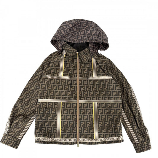 【開店SALE】 FENDI フェンディ アウター ズッカ ジャケット アパレル ロゴ 服 マウンテンパーカー 48 ブラウン 茶 ゴールド金具 ポリエステル コットン アクリル メンズ【中古品】