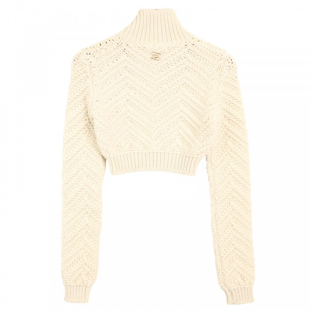 FENDI フェンディ ニット FFロゴ クロップドセーター セーター 長袖 服 トップス アパレル 40 FZX719 ホワイト 白 ゴールド金具 秋 冬 ウール レディース【中古品】