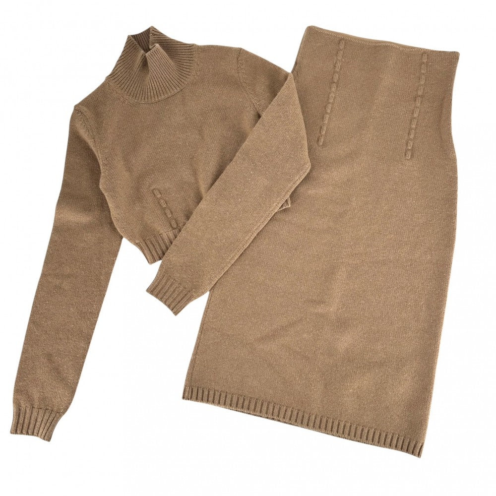 【開店SALE】 FENDI フェンディ セットアップ スカート タートルネック ニット ショート丈トップス アパレル 服 38 ブラウン 茶 秋 冬 カシミヤ レディース【中古品】