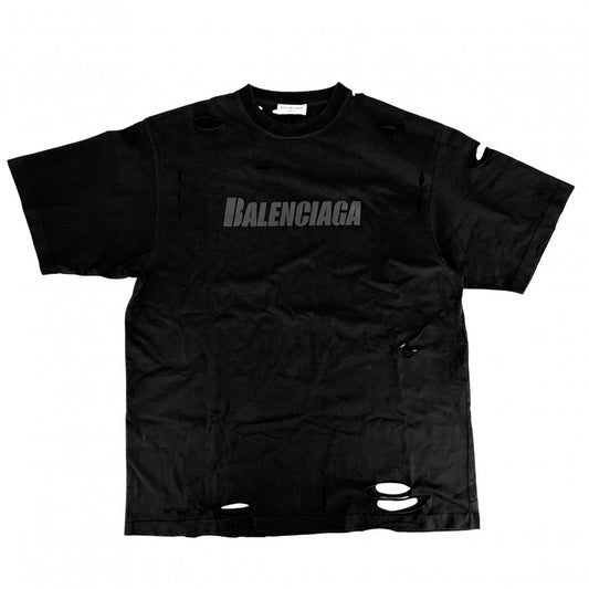BALENCIAGA バレンシアガ 半袖Ｔシャツ デストロイ加工 クルーネック トップス オーバーサイズ ロゴ アパレル 服 S 651795 ブラック 黒 コットン メンズ【中古品】
