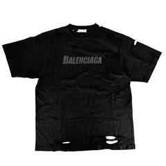 BALENCIAGA バレンシアガ 半袖Ｔシャツ デストロイ加工 クルーネック トップス オーバーサイズ ロゴ アパレル 服 S 651795 ブラック 黒 コットン メンズ【中古品】