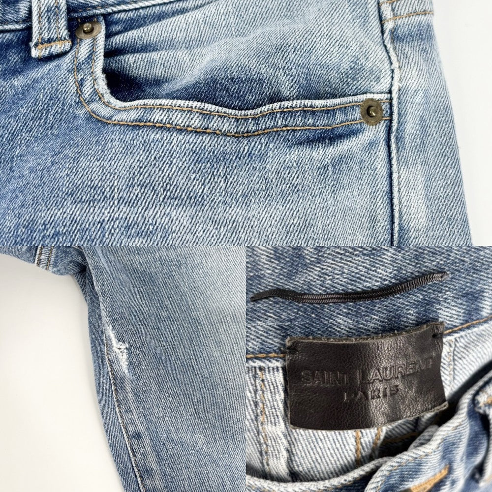 【開店SALE】 SAINT LAURENT PARIS サンローランパリ デニムパンツ スキニー ジーンズ ボトム ダメージ加工 長ズボン サイズ28 421227 ライトブルー アンティークゴールド金具 オールシーズン コットン ポリウレタン レディース【中古品】