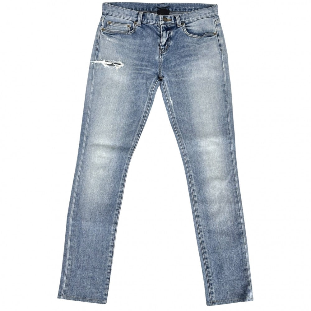 【開店SALE】 SAINT LAURENT PARIS サンローランパリ デニムパンツ スキニー ジーンズ ボトム ダメージ加工 長ズボン サイズ28 421227 ライトブルー アンティークゴールド金具 オールシーズン コットン ポリウレタン レディース【中古品】