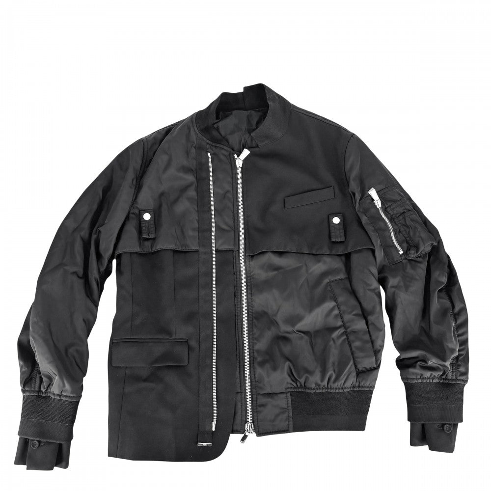 【開店SALE】 Dior ディオール ブルゾン サカイコラボ ハイブリッド ボンバージャケット アウター MA-1 sacai 44 ブラック 黒 シルバー金具 ナイロン キュプラ メンズ【中古品】