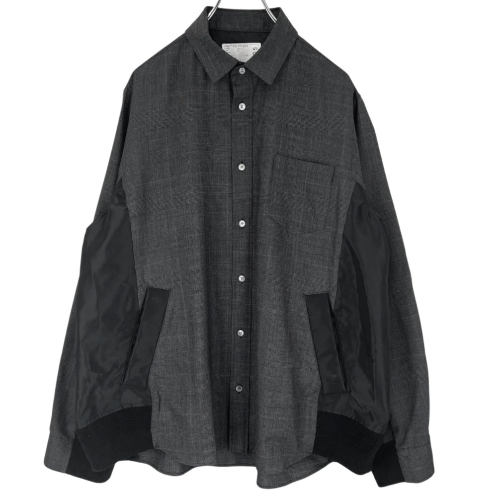 【開店SALE】 Sacai サカイ 長袖シャツ グレンチェックシャツ 異素材シャツ サイズ３ ブラック 黒 グレー 秋 冬 ウール キュプラ メンズ【中古品】