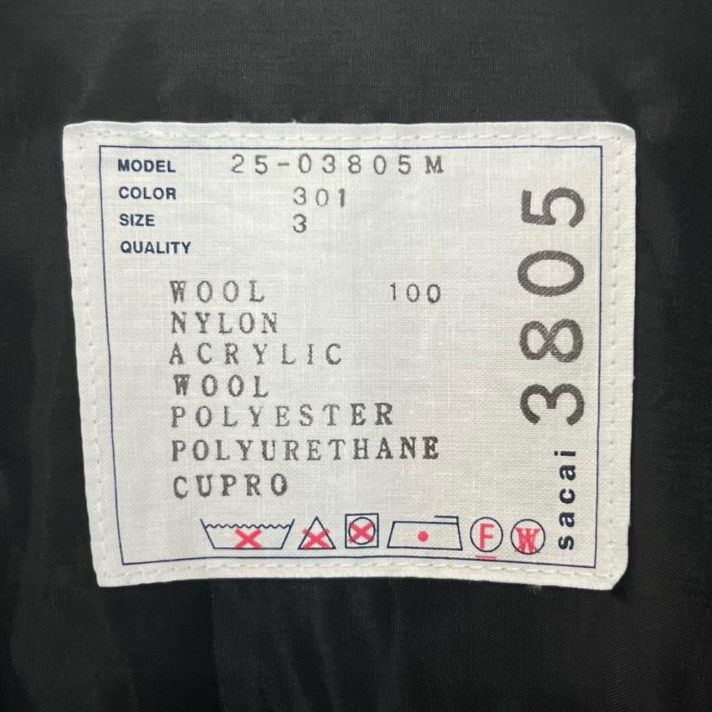 【開店SALE】 Sacai サカイ 長袖シャツ グレンチェックシャツ 異素材シャツ サイズ３ ブラック 黒 グレー 秋 冬 ウール キュプラ メンズ【中古品】