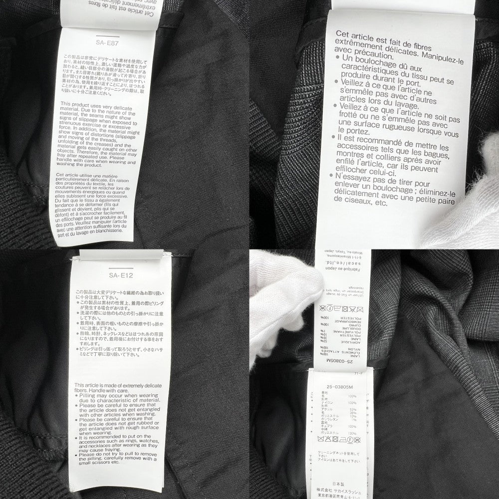 【開店SALE】 Sacai サカイ 長袖シャツ グレンチェックシャツ 異素材シャツ サイズ３ ブラック 黒 グレー 秋 冬 ウール キュプラ メンズ【中古品】
