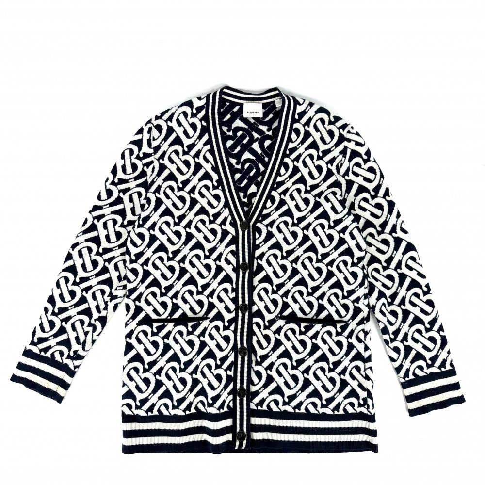 【秋物特集】 BURBERRY バーバリー カーディガン TBロゴ オーバーサイズ トップス 服 アパレル XS 8058405 ネイビー 紺 ホワイト 白 春 秋 冬 レディース【中古品】