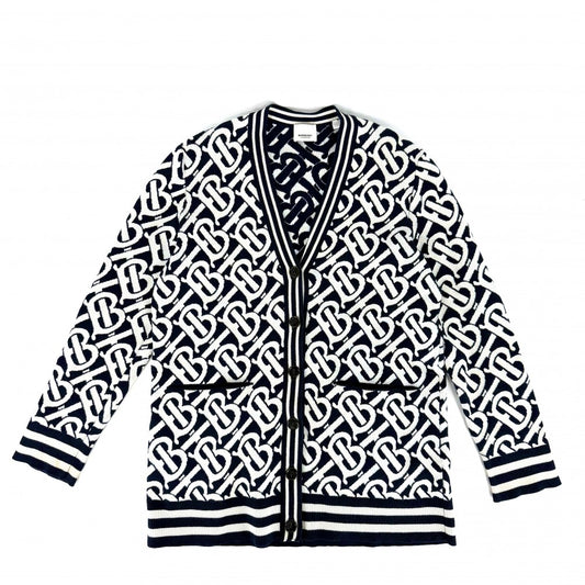 【秋物特集】 BURBERRY バーバリー カーディガン TBロゴ オーバーサイズ トップス 服 アパレル XS 8058405 ネイビー 紺 ホワイト 白 春 秋 冬 レディース【中古品】
