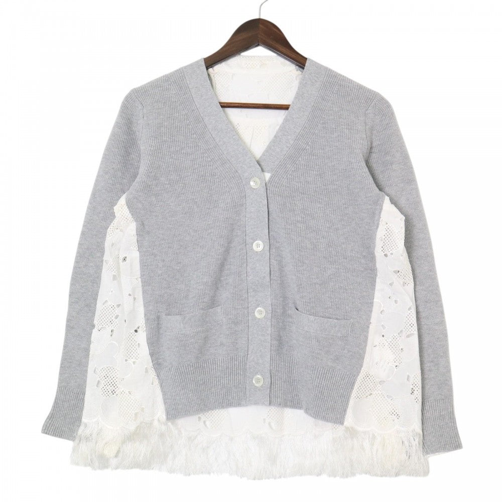 Sacai サカイ カーディガン レース 異素材ドッキング ニット アパレル 服 グレー ホワイト 白 春 秋 コットン ユニセックス【中古品】