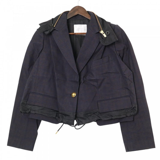 【開店SALE】 Sacai サカイ ジャケット 異素材ドッキングジャケット チェック 服 ネイビー 紺 ゴールド金具 春 秋 コットン レディース【中古品】