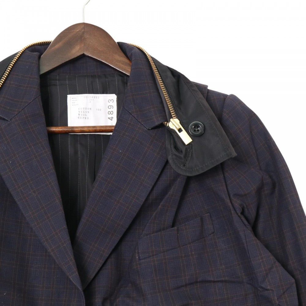 Sacai サカイ ジャケット 異素材ドッキングジャケット チェック 服 ネイビー 紺 ゴールド金具 春 秋 コットン レディース【中古品】