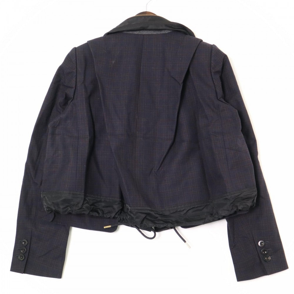 Sacai サカイ ジャケット 異素材ドッキングジャケット チェック 服 ネイビー 紺 ゴールド金具 春 秋 コットン レディース【中古品】