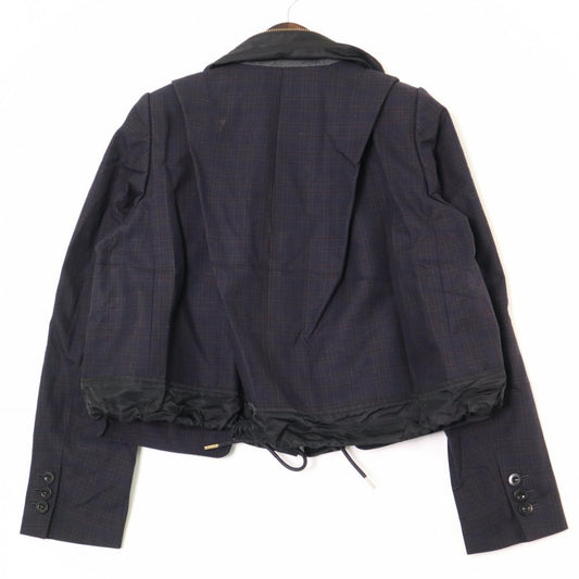 【開店SALE】 Sacai サカイ ジャケット 異素材ドッキングジャケット チェック 服 ネイビー 紺 ゴールド金具 春 秋 コットン レディース【中古品】