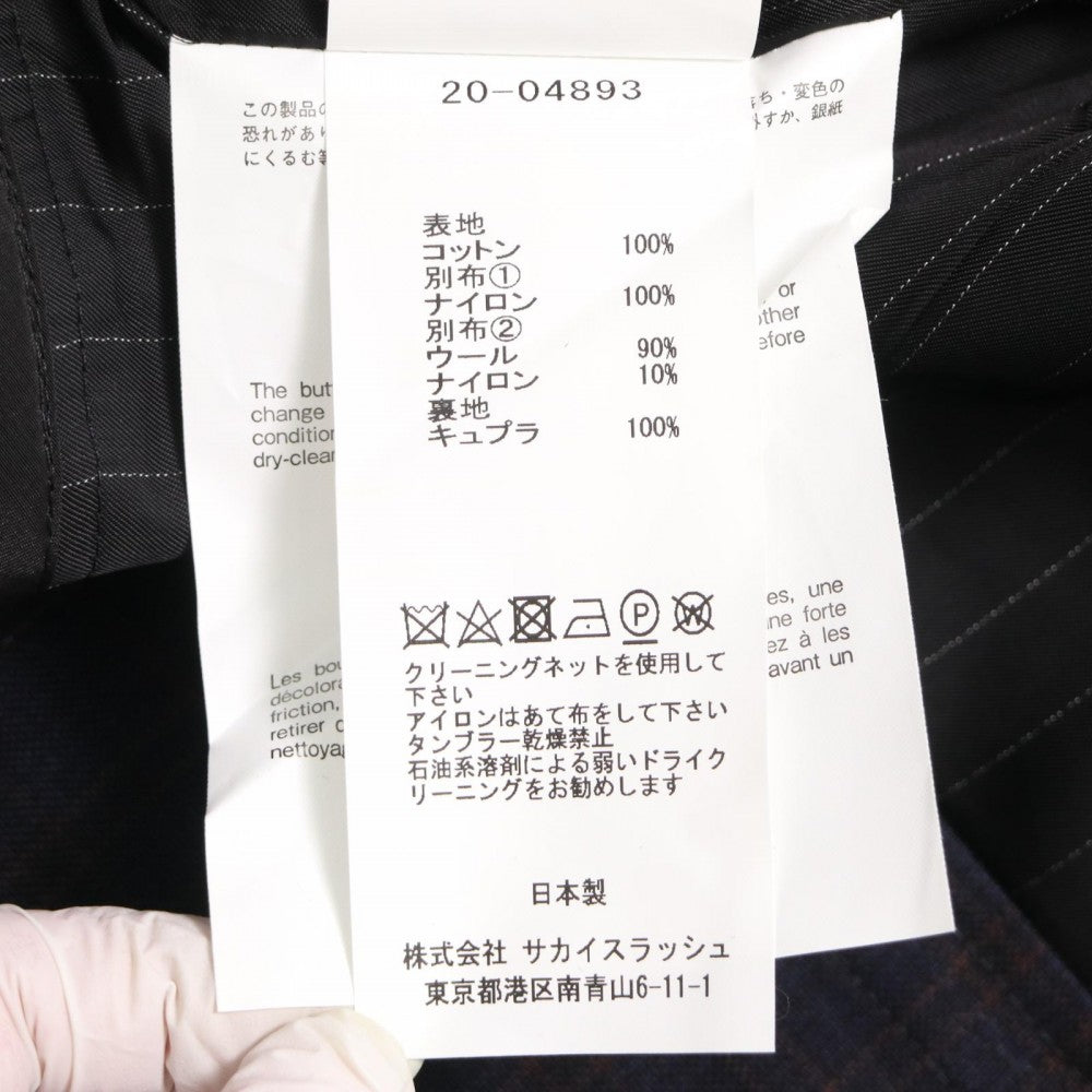 Sacai サカイ ジャケット 異素材ドッキングジャケット チェック 服 ネイビー 紺 ゴールド金具 春 秋 コットン レディース【中古品】