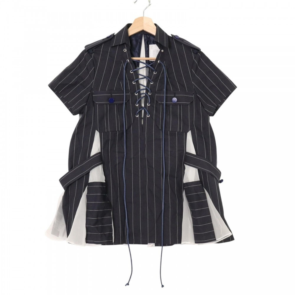 【開店SALE】 Sacai サカイ ワンピース 半袖 ストライプシフォンミニワンピース 異素材 アパレル 服 シャツワンピース ネイビー 紺 ホワイト 白 シルバー金具 春 夏 コットン ポリエステル レディース【中古品】