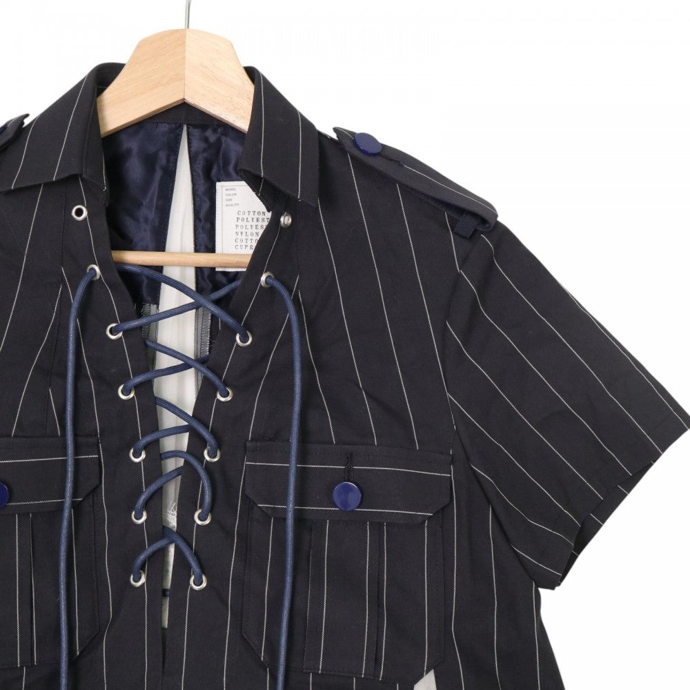 【開店SALE】 Sacai サカイ ワンピース 半袖 ストライプシフォンミニワンピース 異素材 アパレル 服 シャツワンピース ネイビー 紺 ホワイト 白 シルバー金具 春 夏 コットン ポリエステル レディース【中古品】