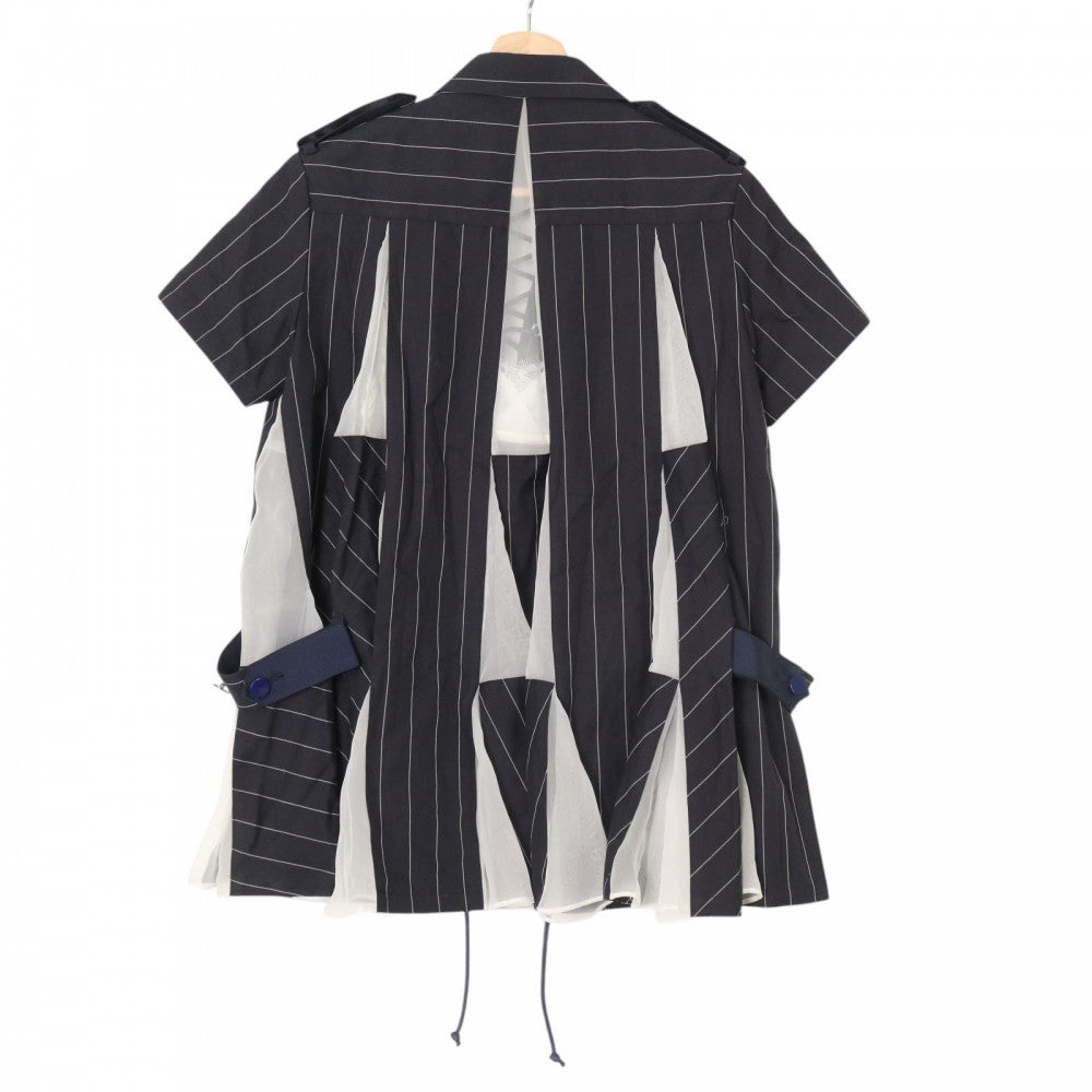 Sacai サカイ ワンピース 半袖 ストライプシフォンミニワンピース 異素材 アパレル 服 シャツワンピース ネイビー 紺 ホワイト 白 シルバー金具 春 夏 コットン ポリエステル レディース【中古品】