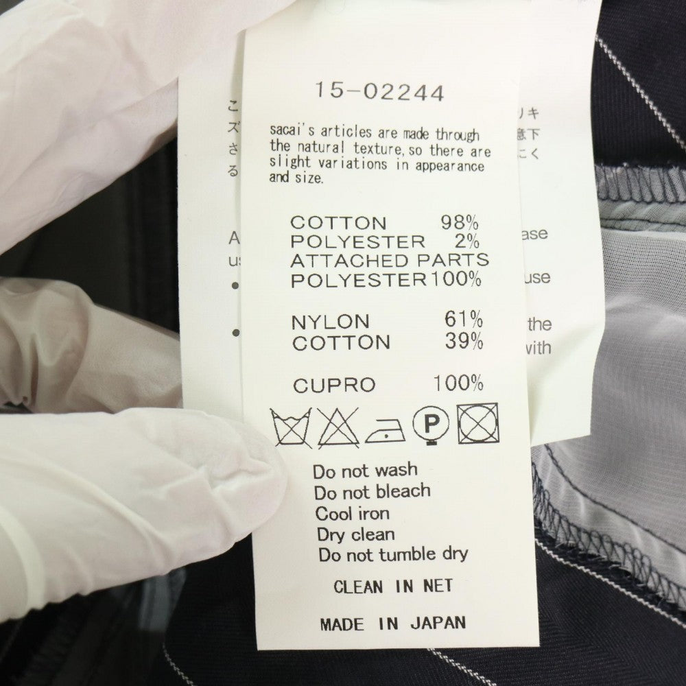 【開店SALE】 Sacai サカイ ワンピース 半袖 ストライプシフォンミニワンピース 異素材 アパレル 服 シャツワンピース ネイビー 紺 ホワイト 白 シルバー金具 春 夏 コットン ポリエステル レディース【中古品】