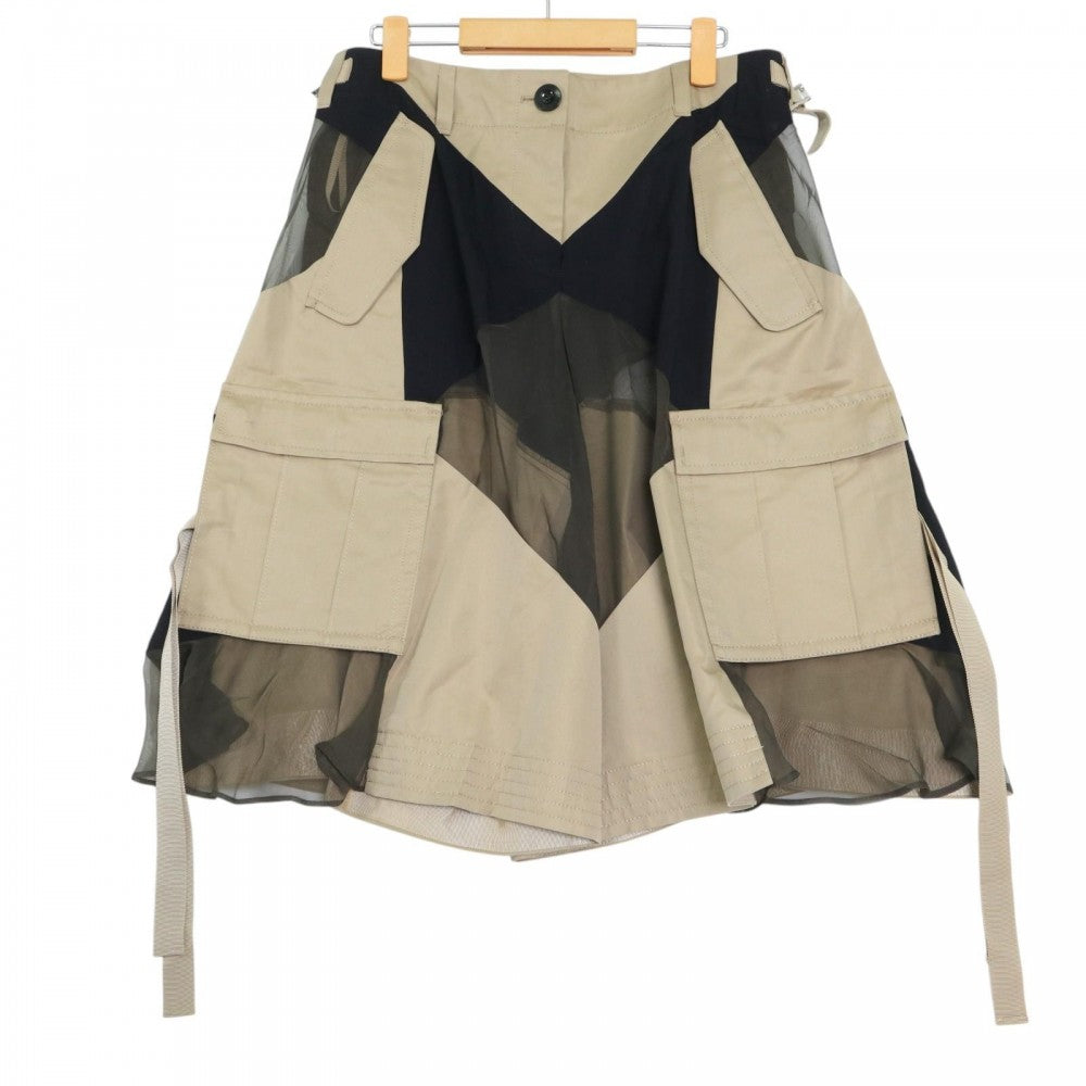 【開店SALE】 Sacai サカイ ボトムス シースルー ハーフパンツ ワイドパンツ 服 3サイズ ベージュ ブラック 黒 シルバー金具 コットン ポリエステル レディース【中古品】