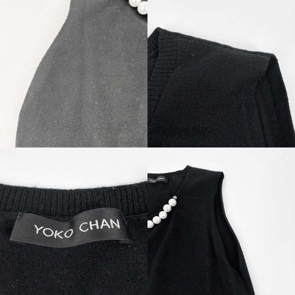 【開店SALE】 タンクトップ YOKO CHAN フリルノースリーブトップス アパレル ヨーコチャン 服 フェイクパール ベスト 36 ブラック 黒 春 夏 レーヨン ポリウレタン レディース【中古品】