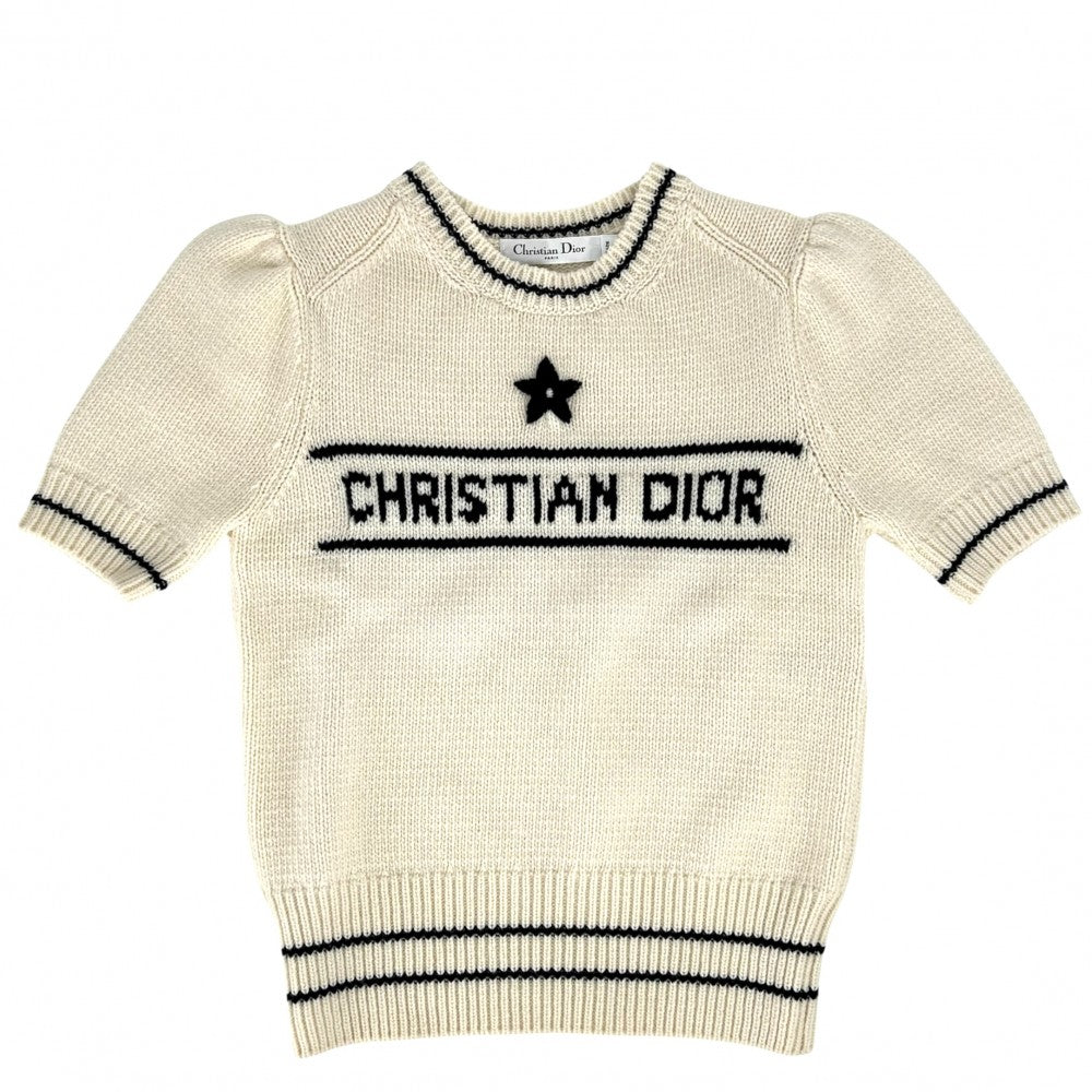 Christian Dior クリスチャンディオール ニット ショートスリーブセーター トップス 半袖 アパレル 服 40 ホワイト 白 ネイビー 紺 春 秋 冬 ウール カシミヤ レディース【中古品】