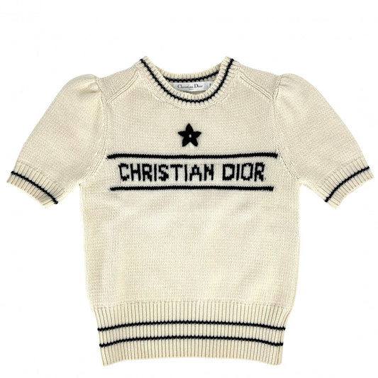 Christian Dior クリスチャンディオール ニット ショートスリーブセーター トップス 半袖 アパレル 服 40 ホワイト 白 ネイビー 紺 春 秋 冬 ウール カシミヤ レディース【中古品】