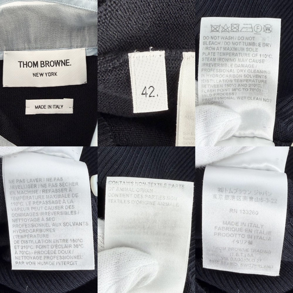 THOM BROWNE トムブラウン ニット リボン ストライプ セーター 襟ドッキング 服 42 ネイビー 紺 ライトブルー 秋 冬 ウール レディース【中古品】