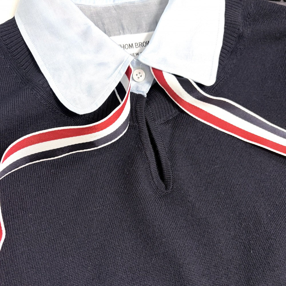 THOM BROWNE トムブラウン ニット リボン ストライプ セーター 襟ドッキング 服 42 ネイビー 紺 ライトブルー 秋 冬 ウール レディース【中古品】