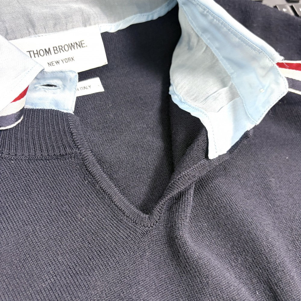 THOM BROWNE トムブラウン ニット リボン ストライプ セーター 襟ドッキング 服 42 ネイビー 紺 ライトブルー 秋 冬 ウール レディース【中古品】