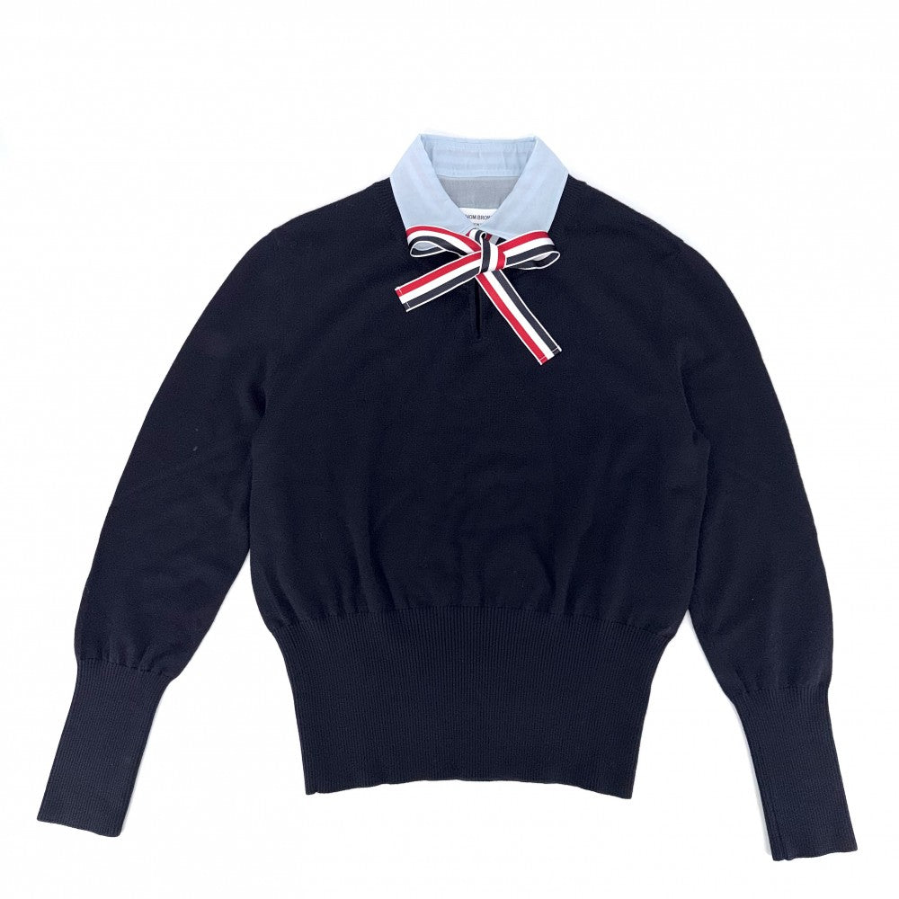 THOM BROWNE トムブラウン ニット リボン ストライプ セーター 襟ドッキング 服 42 ネイビー 紺 ライトブルー 秋 冬 ウール レディース【中古品】