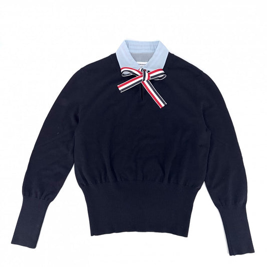 THOM BROWNE トムブラウン ニット リボン ストライプ セーター 襟ドッキング 服 42 ネイビー 紺 ライトブルー 秋 冬 ウール レディース【中古品】