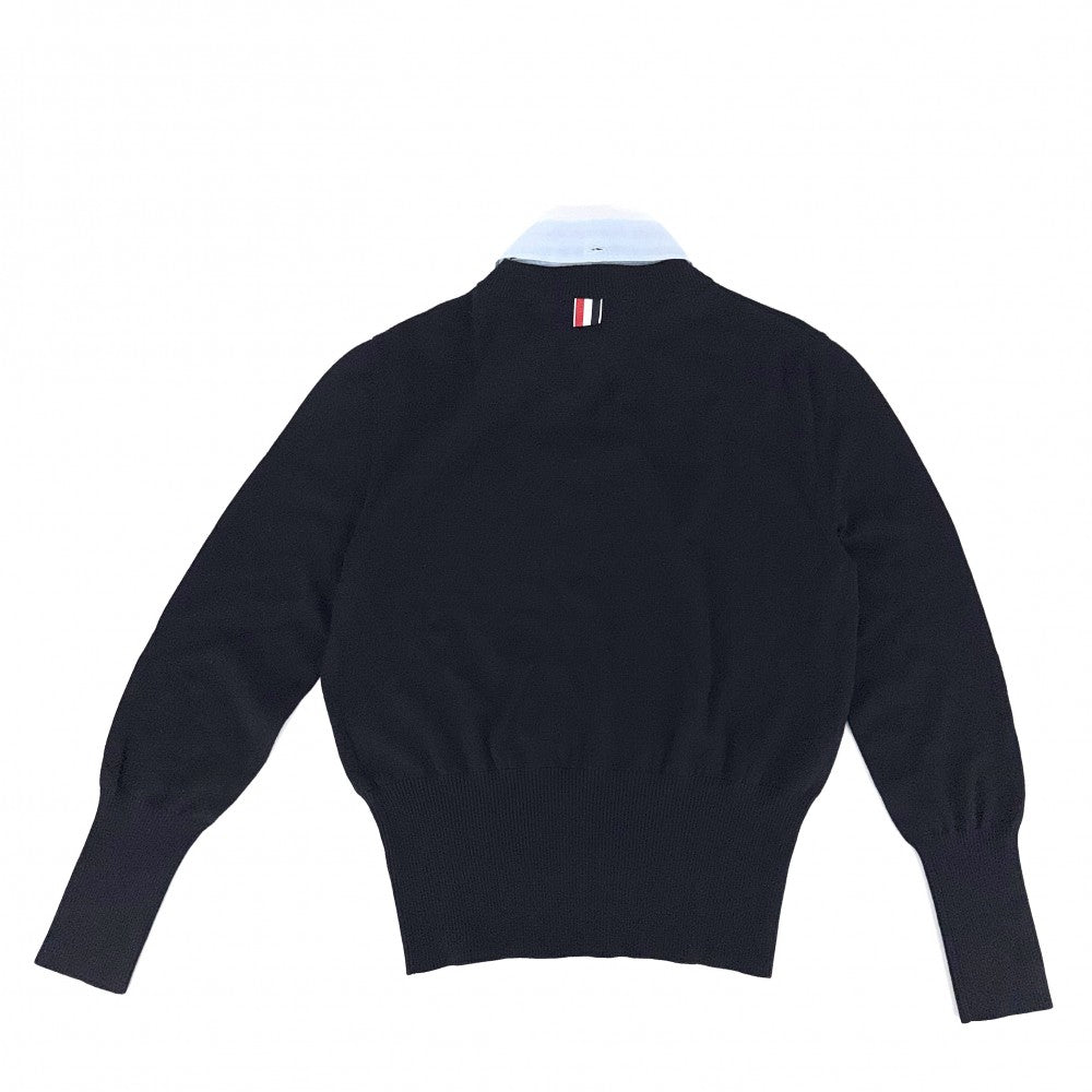 THOM BROWNE トムブラウン ニット リボン ストライプ セーター 襟ドッキング 服 42 ネイビー 紺 ライトブルー 秋 冬 ウール レディース【中古品】