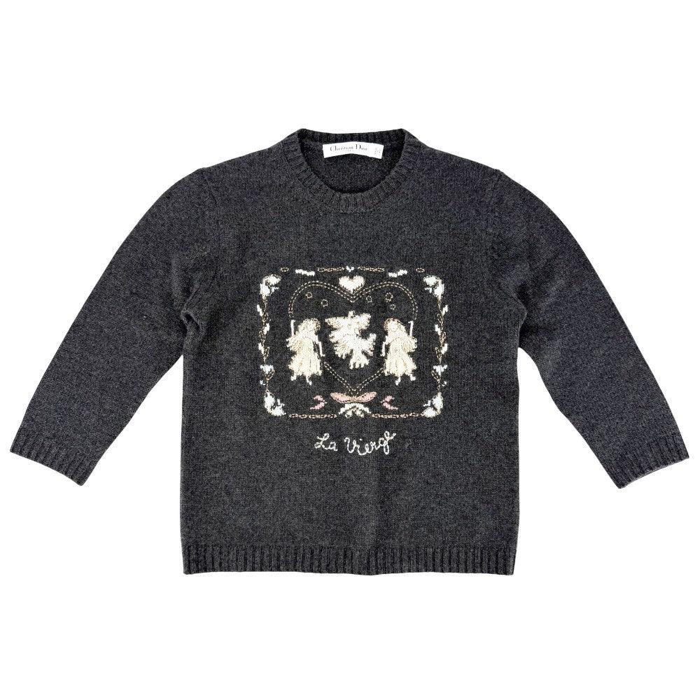 Christian Dior クリスチャンディオール ニット ハート　天使 トップス 七分丈　セーター Le Vierge 刺繍 アパレル 服 S グレー 秋 冬 カシミヤ レディース【中古品】