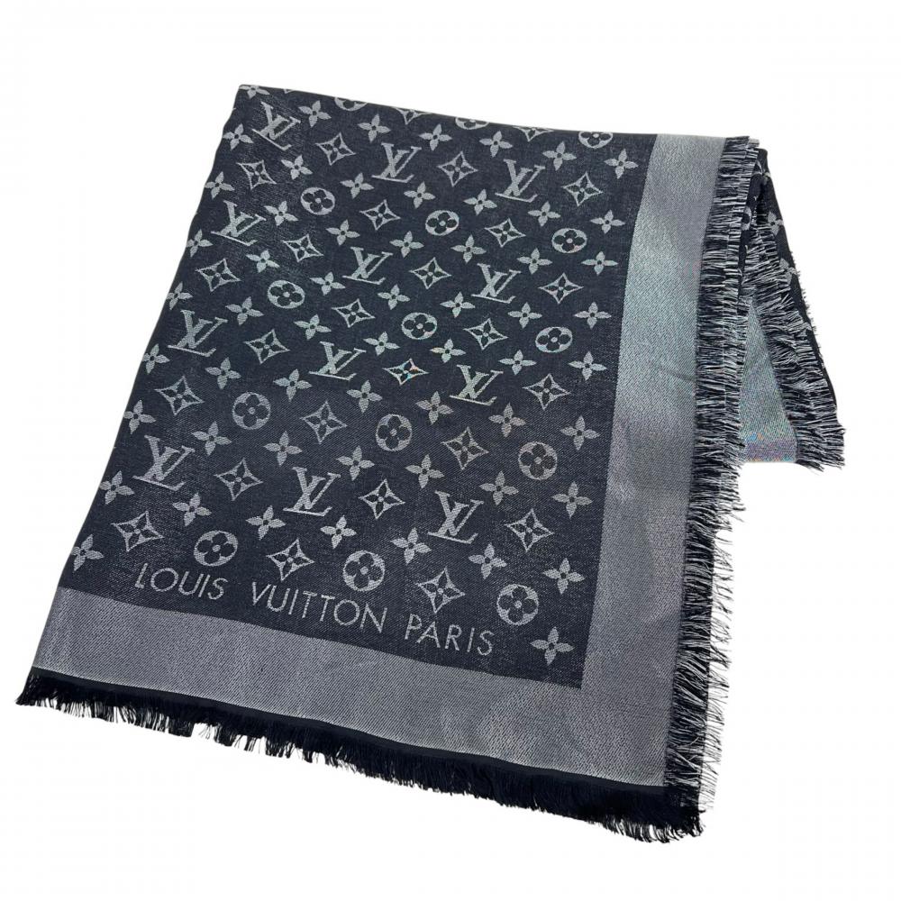 LOUIS VUITTON ルイヴィトン ストール ショール・モノグラム シャイン 大判 M75123 シルク ウール レーヨン ポリエステル ブラック 黒 レディース 約595g【中古品】