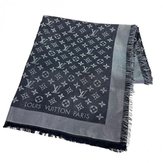 LOUIS VUITTON ルイヴィトン ストール ショール・モノグラム シャイン 大判 M75123 シルク ウール レーヨン ポリエステル ブラック 黒 レディース 約595g【中古品】