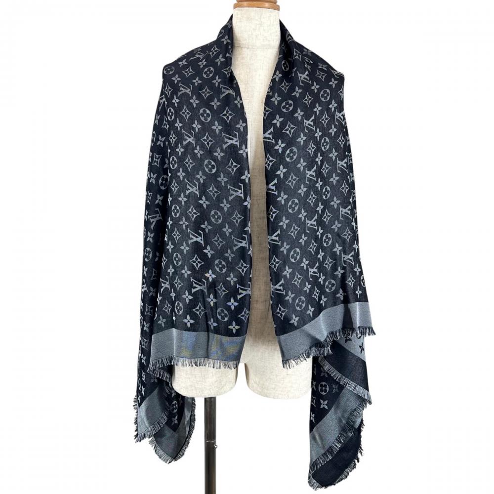 LOUIS VUITTON ルイヴィトン ストール ショール・モノグラム シャイン 大判 M75123 シルク ウール レーヨン ポリエステル ブラック 黒 レディース 約595g【中古品】