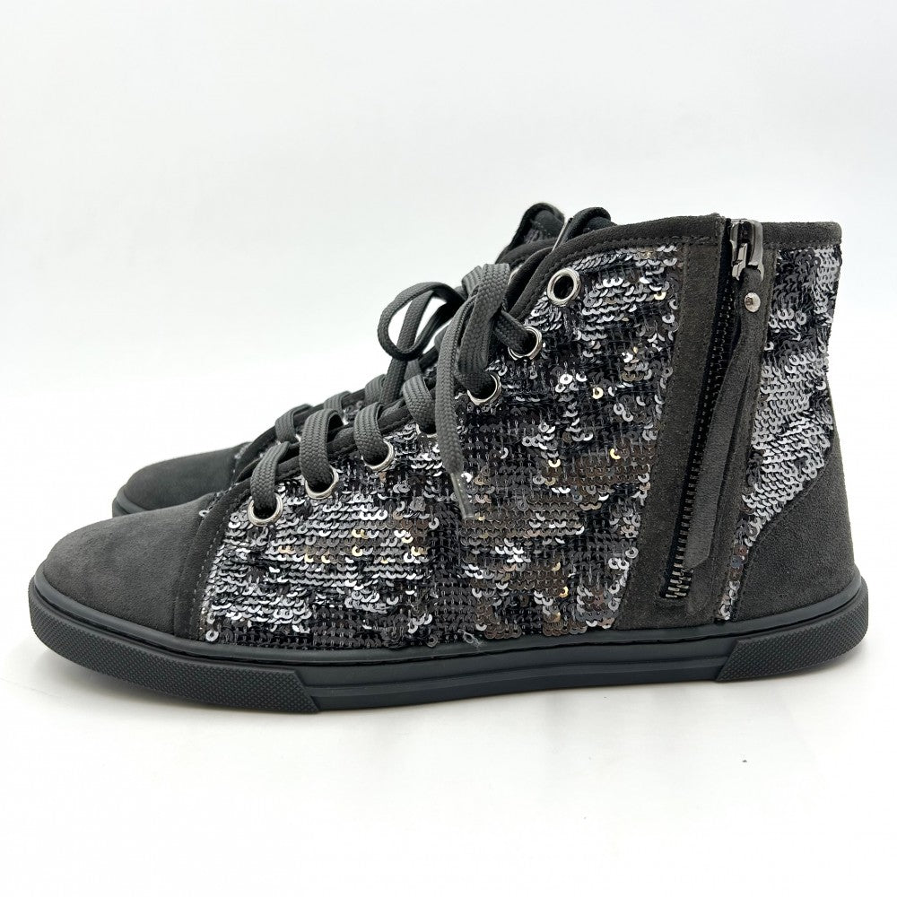 LOUIS VUITTON ルイヴィトン スニーカー ハイカット LVロゴ スパンコール 38サイズ シューズ 靴 スウェード ラバー グレー シルバー金具 レディース【中古品】