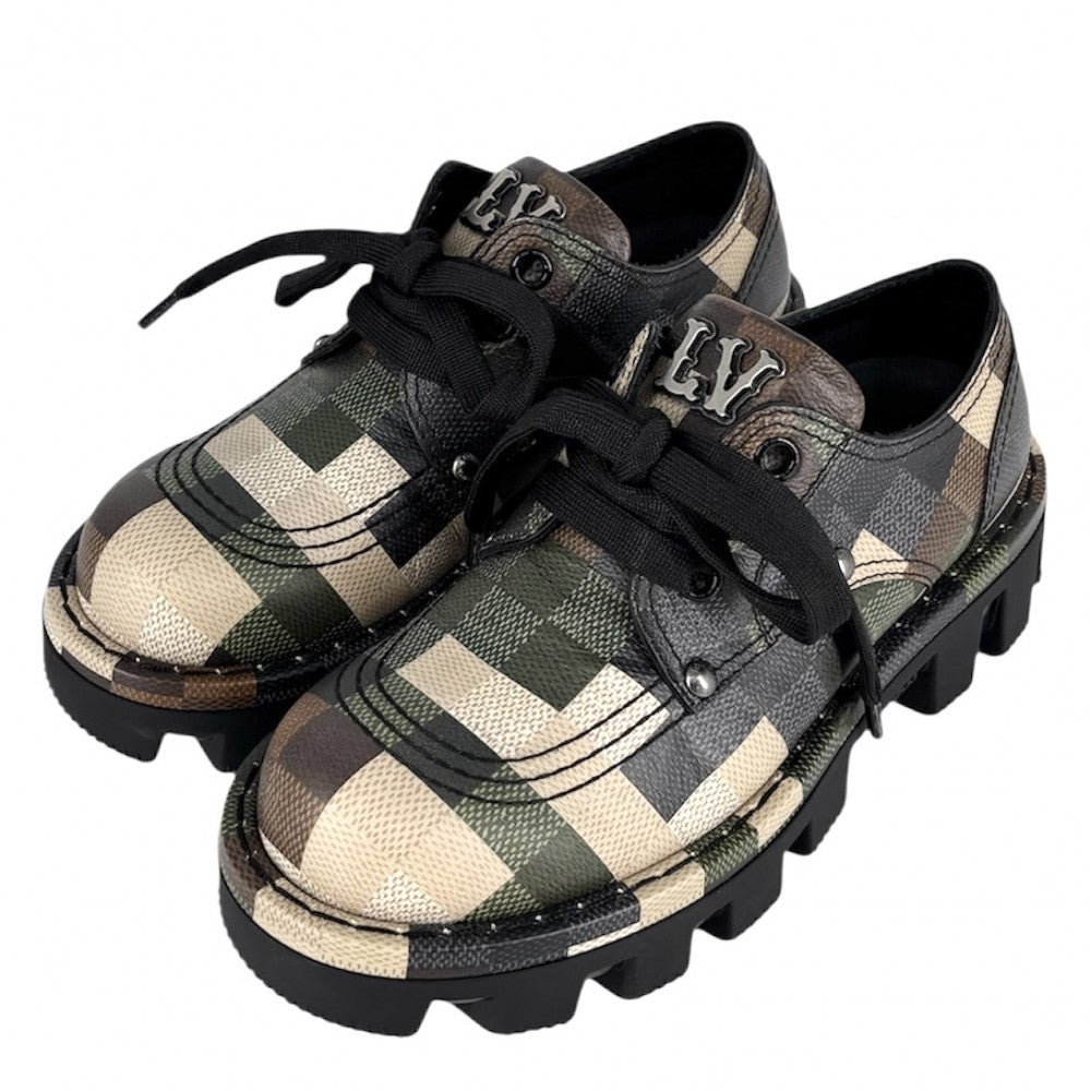 【開店SALE】 LOUIS VUITTON ルイヴィトン ローファー LVチェッカー ダモフラージュ 靴 LV Checker combat boot 約25cm 6サイズ グリーン PVCコーティングキャンバス レザー カモフラ ブラック 黒 メンズ【中古品】