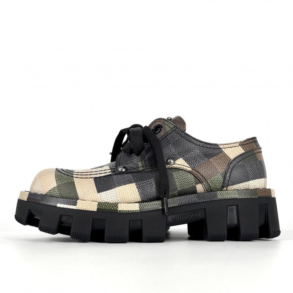 【開店SALE】 LOUIS VUITTON ルイヴィトン ローファー LVチェッカー ダモフラージュ 靴 LV Checker combat boot 約25cm 6サイズ グリーン PVCコーティングキャンバス レザー カモフラ ブラック 黒 メンズ【中古品】