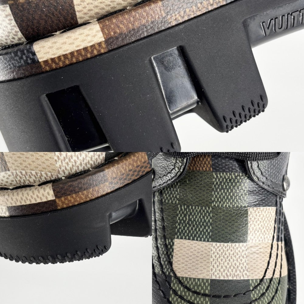 【開店SALE】 LOUIS VUITTON ルイヴィトン ローファー LVチェッカー ダモフラージュ 靴 LV Checker combat boot 約25cm 6サイズ グリーン PVCコーティングキャンバス レザー カモフラ ブラック 黒 メンズ【中古品】
