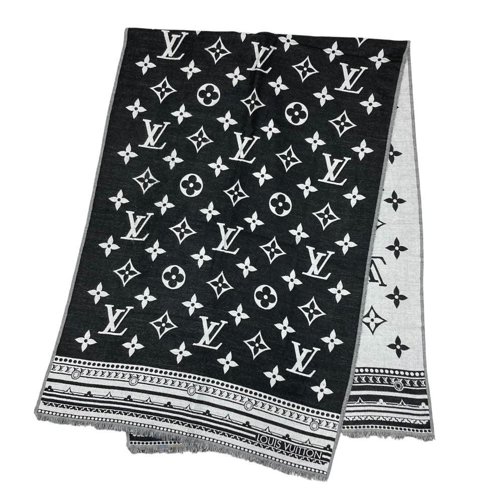 LOUIS VUITTON ルイヴィトン マフラー ストール エトール・アメージングラム LVロゴ M76388 秋 冬 ウール シルク ブラック 黒 グレー メンズ【中古品】
