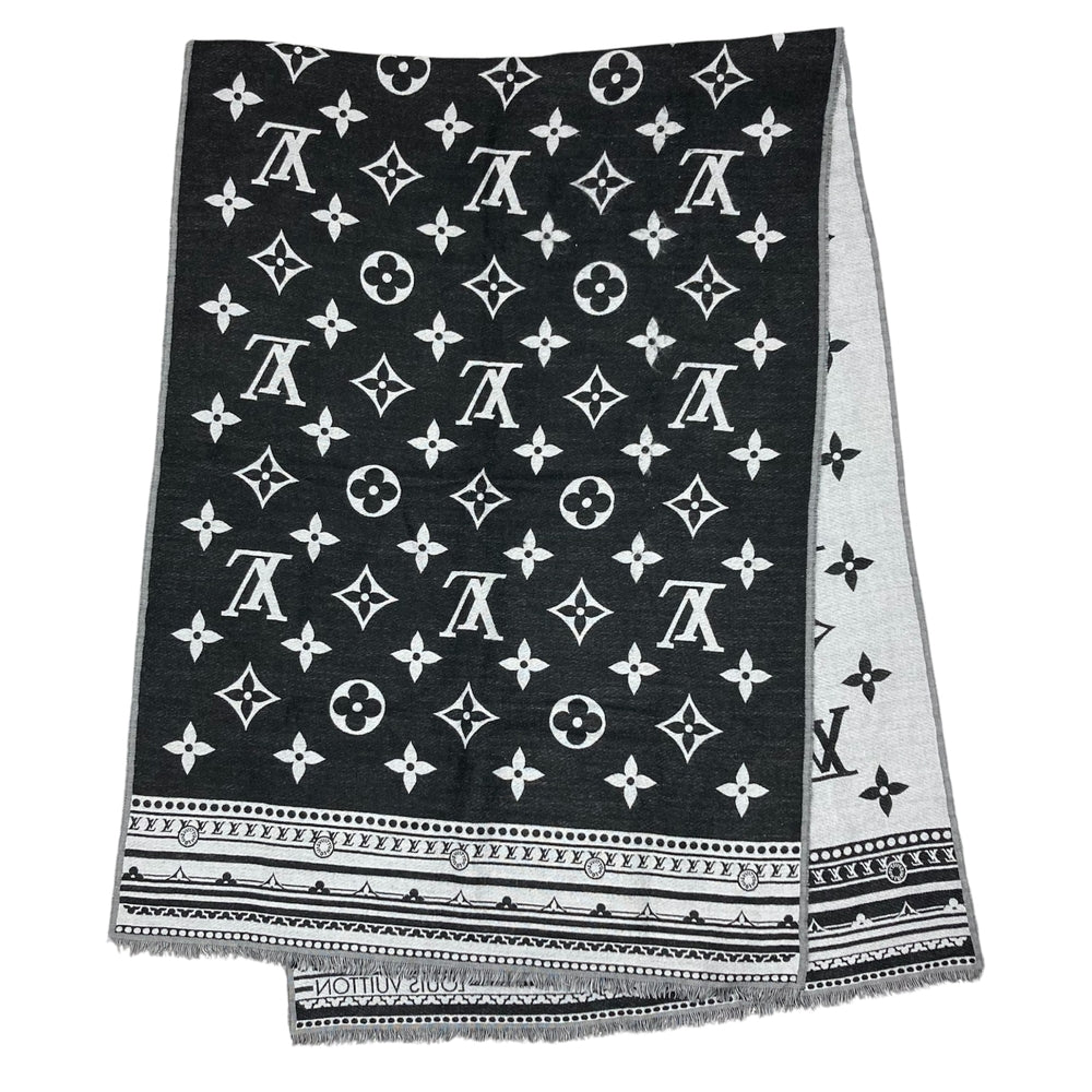 LOUIS VUITTON ルイヴィトン マフラー ストール エトール・アメージングラム LVロゴ M76388 秋 冬 ウール シルク ブラック 黒 グレー メンズ【中古品】