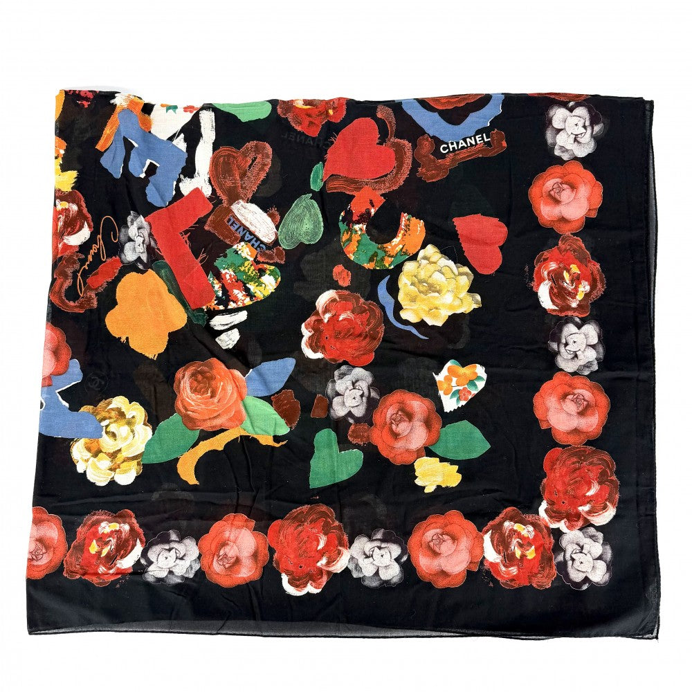 CHANEL シャネル スカーフ ロゴ フラワー ファッションアイテム 大判 小物 ココマーク 花柄 コットン ブラック 黒 レッド 赤 レディース【中古品】